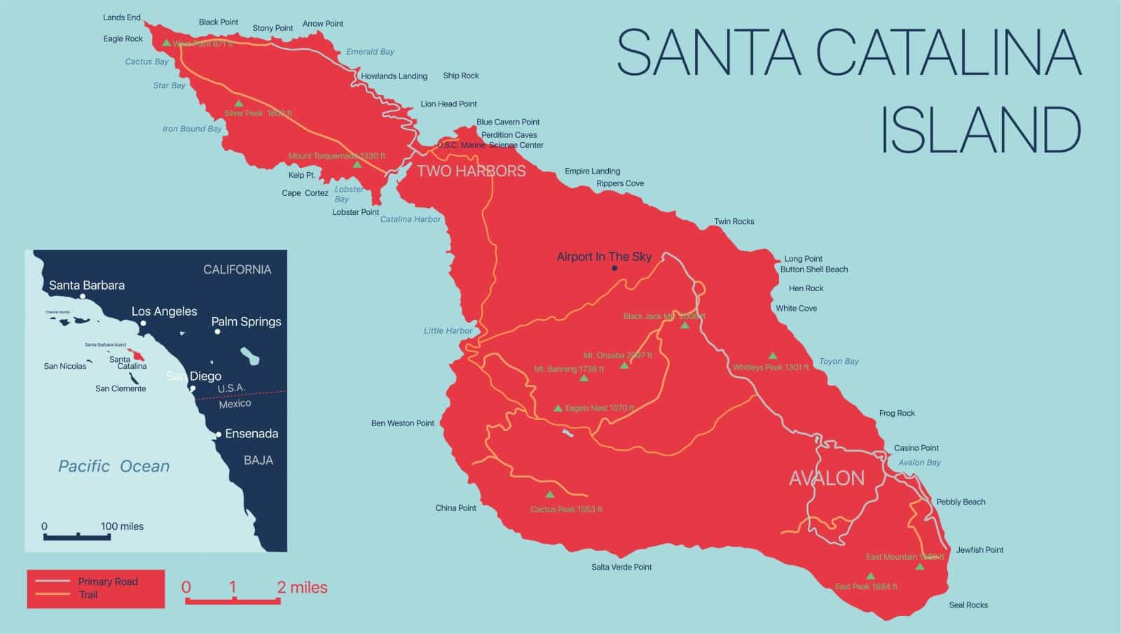 Detailed map of Santa Catalina Island, California with with cities and towns, geographic sites, roads, railways.