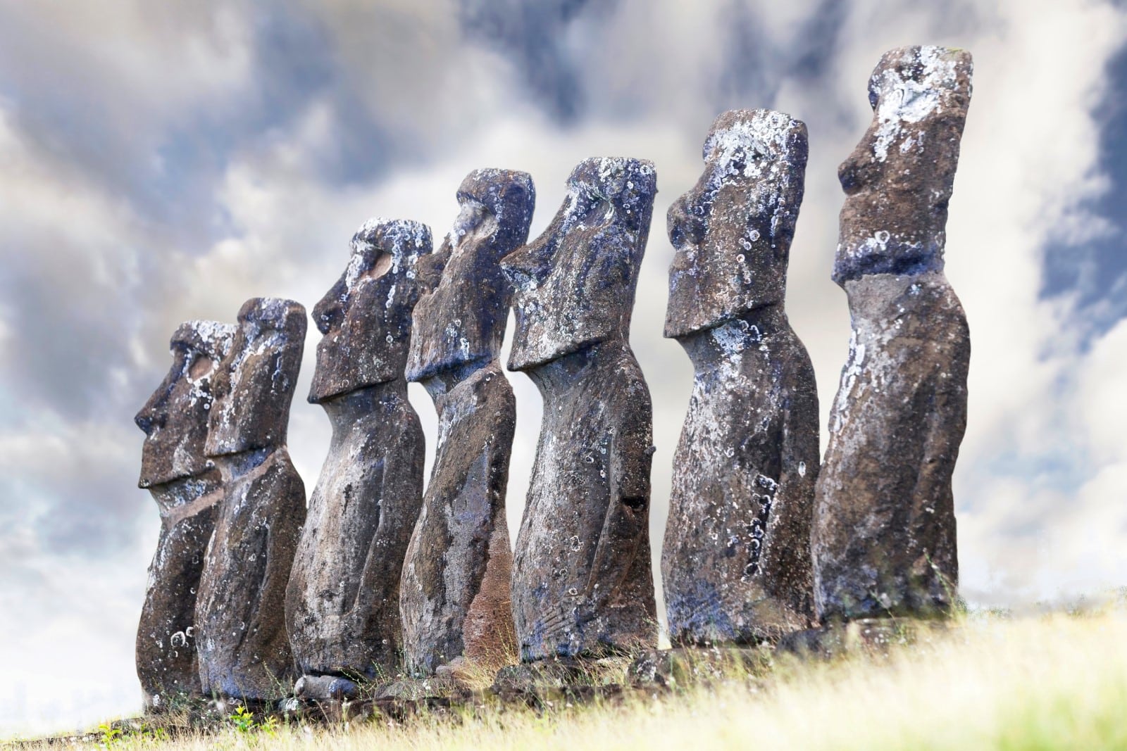 Seven Moais looking towards sea in Easter Island