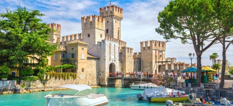 Romantic Rocca Scaligera, castle on the island of Sirmione, Lake Garda, Italy